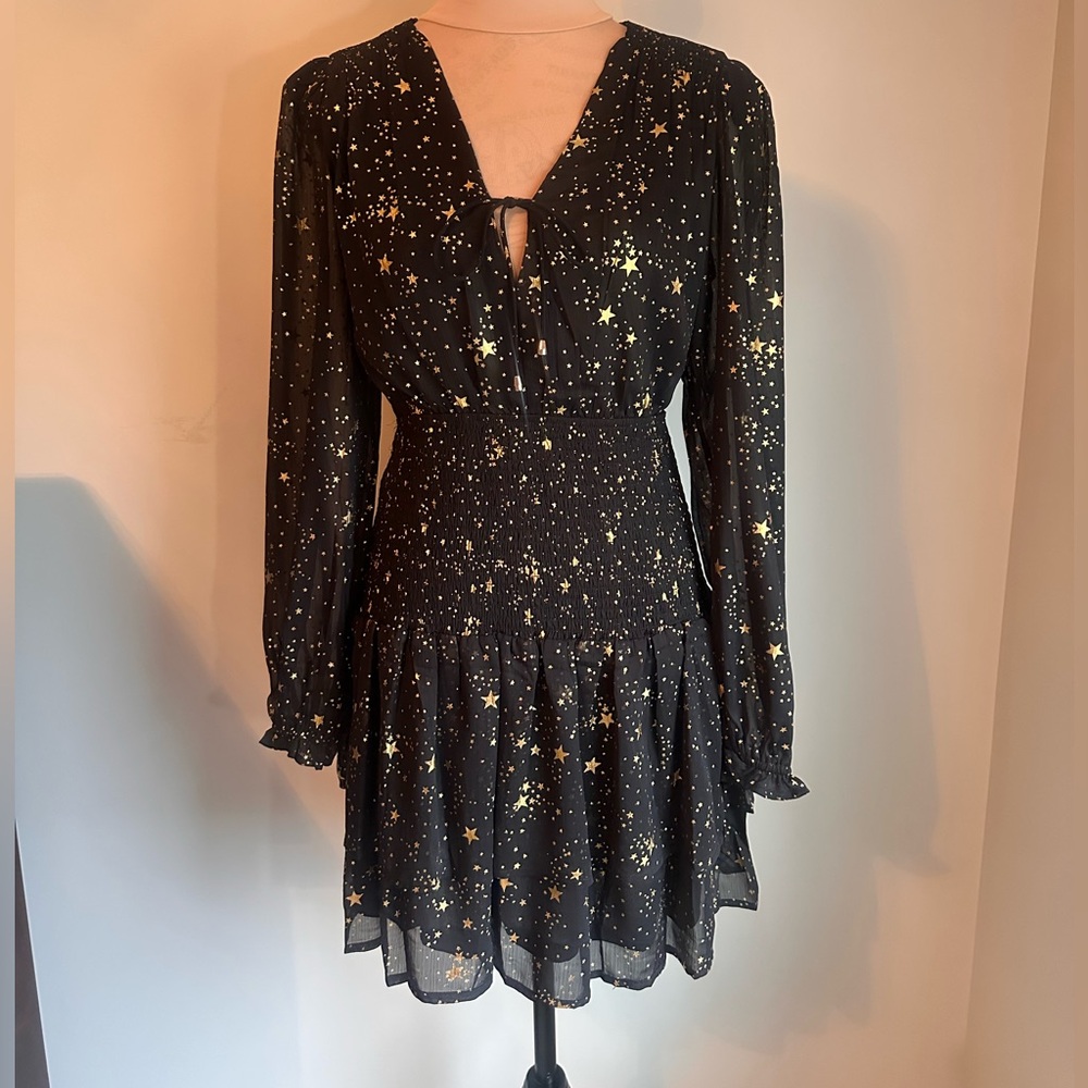 Aqua Black & Gold Sheer Long Ruched Waist Starry Mini Dress Size Medium